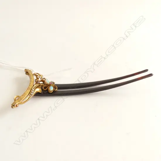 C1900 9CT GOLD OPAL & SEEDPEARL HAIR PIN MISSING 3 OPALS & 1 PEARL tortoishell dble pin