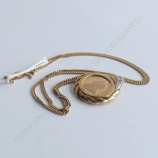 1993 1/10th GOLD KRUGGERAND 9CT MOUNT W Dia's + 9ct CHAIN. 11.3gms