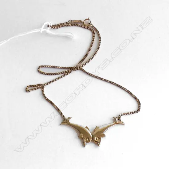 14K GOLD NECKLACE W TWIN DOLPHINS 6.48gm