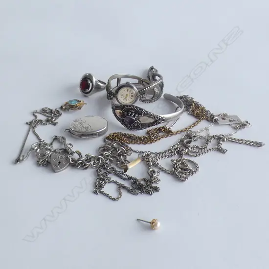 ASST SILVER JEWELLERY ETC: BRACELET. EMKA MARCASITE WATCH. RING. LOCKET ETC