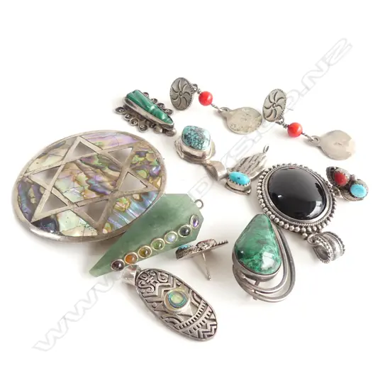 10 PCES ASST. MEXICAN SILVER / TORQUOISE JEWELLERY 70 GRAMS