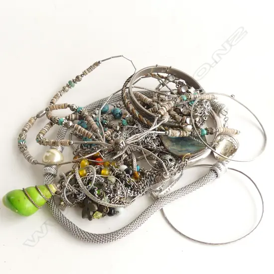 BAG ASST SILVER TONE COSTUME JEWELLERY; NECKLACES; BANGLES ETC..