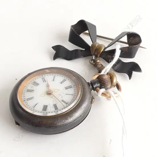 ANTIQUE GUN METAL FOB WATCH WITH MATCHING BOW BROOCH