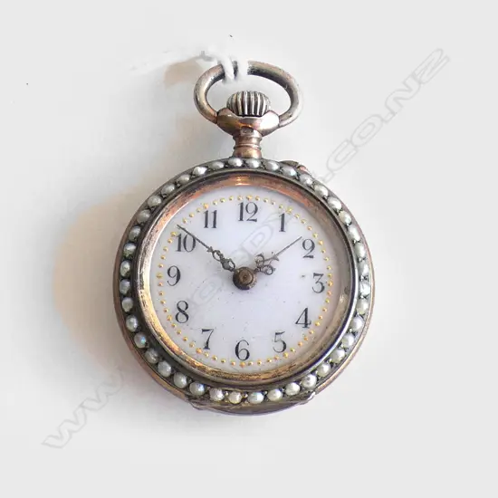 C1900 SILVER GILT & SEED PEARL LADIES FOB WATCH