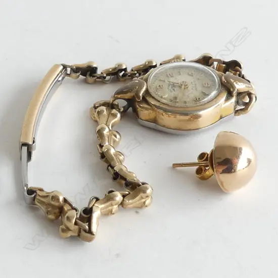 VINTAGE LADIES GOLD WATCH + LG 9CT GOLD STUD EARRING