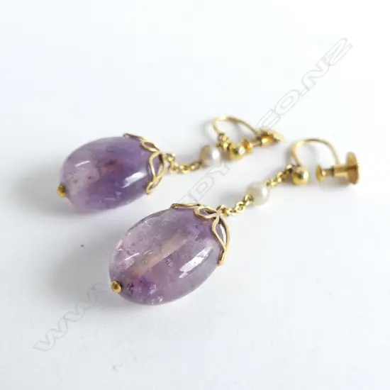 PR VINTAGE 9CT AMETHYST & PEARL PENDANT EARRINGS 1 SCREW FITTING BENT