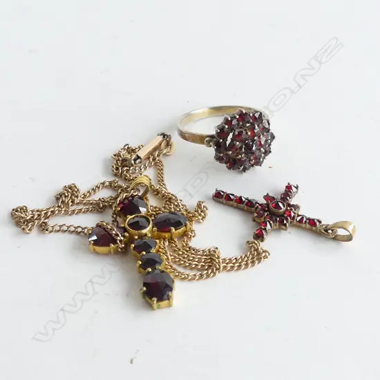 RING WITH GARNETS + 2 GARNET CROSS PENDANTS, ONE WITH CHAIN