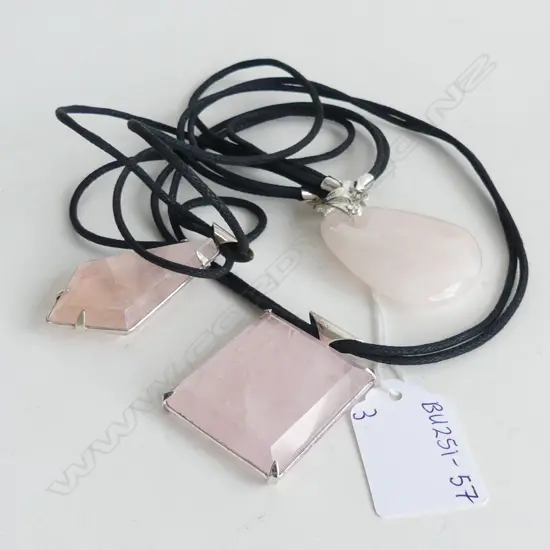 3 LG ROSE QUARTZ PENDANTS, 2 WITH BLACK CORDS 