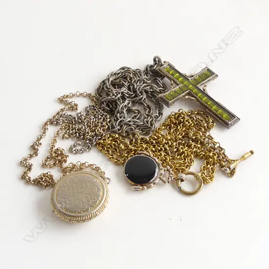 3 COSTUME JEWELLERY NECKLACES;  2-SIDED ENAMEL CROSS PENDANT, ONYX STYLE SPINNER PENDANT & CASED WATCH PENDANT