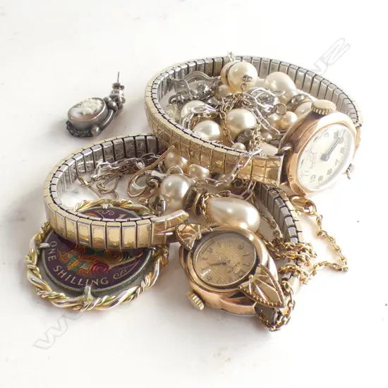 8CT CHAIN 3 GRAMS + ASST. COSTUME JEWELLERY; 2 WATCHES + PR STG CAMEO EARRINGS, STG NECKLACE ETC