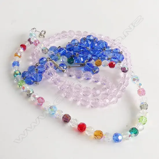 3 CRYSTAL FACETED BEADED NECKLACES; BLUE, PINK & MULTI COLOURED