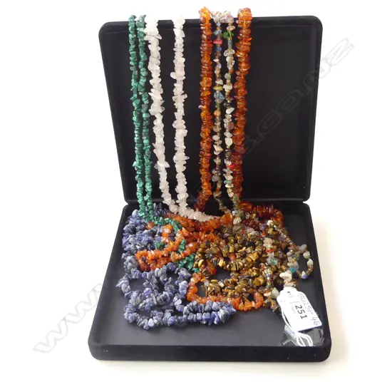 7 ASST STONE CHIP BEAD NECKLACES; PINK QUARTZ, AMBER ETC..