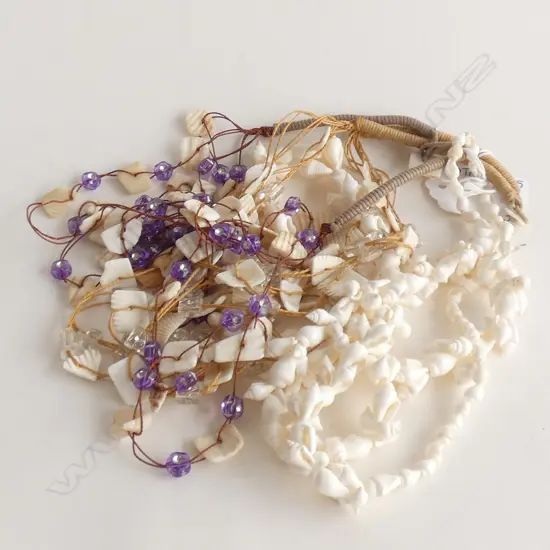 3 SHELL NECKLACES; 2 W COLOURED GLASS BEAD