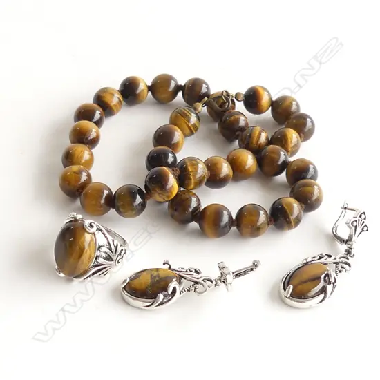 TIGERS EYE BEAD NECKLACE & 925 SILVER SET RING & DROP EARRINGS