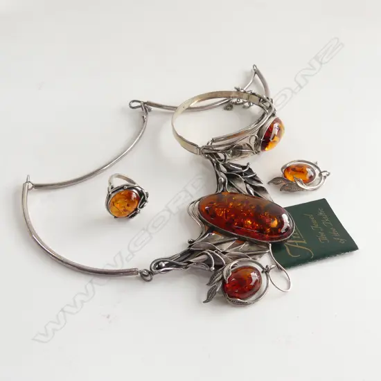 BALTIC AMBER & 925 SILVER 4 PC SET; RING, PR EARRINGS, BRACELET & NECKLACE 