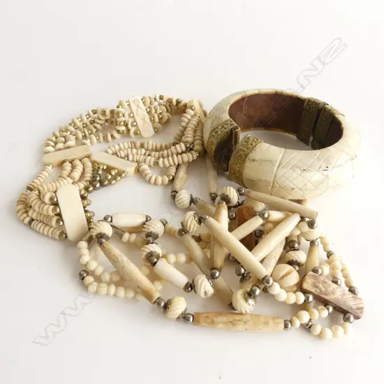 2 AFRICAN STYLE BONE NECKLACES & HINGED BANGLE