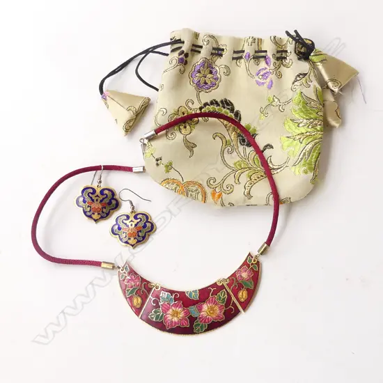 ORIENTAL ENAMEL BIB NECKLACE ON RED CORD & PR DROP EARRINGS