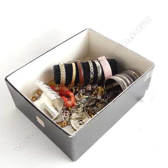 BOX OF ASST. COSTUME JEWELLERY; WATCHES, PINS, BANGLES ETC