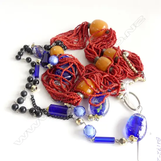 2 NECKLACES; ONE ASST BLUE GLASS BEADS & CHAIN, & ONE MULTI STRAND SM BEADS WITH LARGE NATURAL STONES