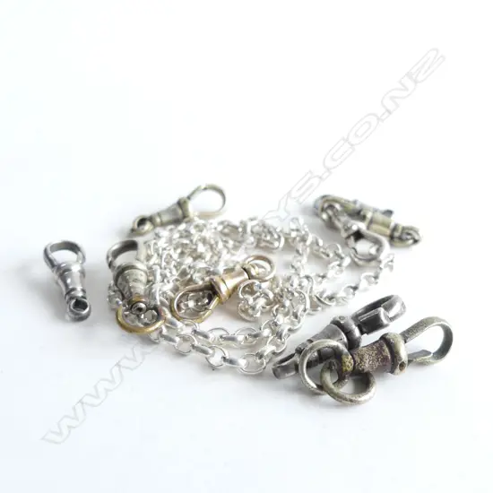 9 ANTIQUE FOB CHAIN CLIPS SILVER ETC + MODERN SILVER CHAIN