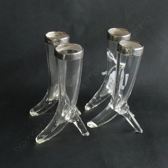 SET 4 SILVER TOPPED 1902 GLASS CURVED SMALL VASES