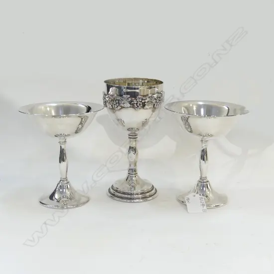 CORONET SILVER PLATE WINE GOBLET + 2 OTHER CHAMPAGNE SAUCERS 