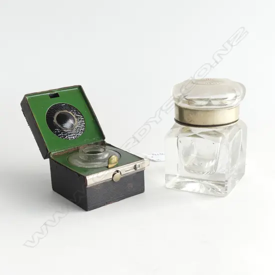 BOXED INKWELL + GLASS INKWELL SILVER? COLLAR H. 90mm