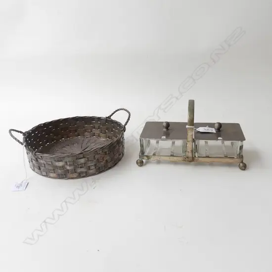 SILVER PLATE LIDDED GLASS JAM DISHES IN HOLDER + SILVER PLATE BASKET (DIA 210MM)