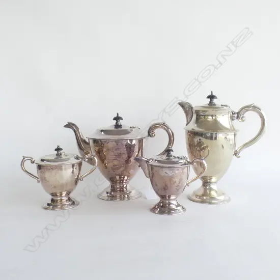 4 PC SILVER PLATE SET; TEA POT, COFFEE POT, SUGAR BOWL & JUG. ALL HAVE HINGED LIDS