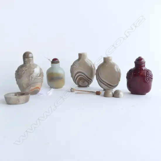 5 ORIENTAL SNUFFS; 4x SOAPSTONE 1x OTHER H.70mm