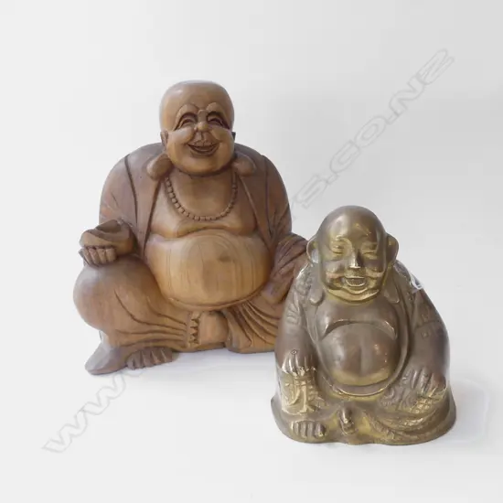 2 LAUGHING BUDDHAS - WOODEN CARVED (H 215MM) & BRASS (H.140MM)