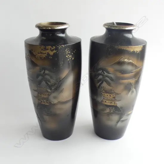 2 x EARLY TO MID 20TH CENTURY LAQUERED BRONZE? JAPANESE VASES H.250mm