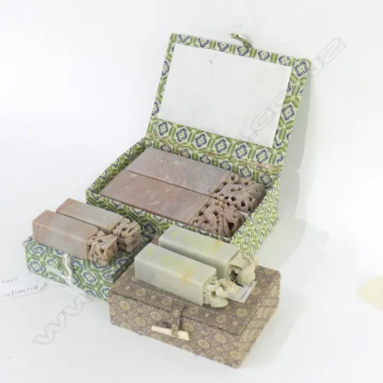 3 PRS CHINESE SOAPSTONE SEALS, BOXED largest H.115mm