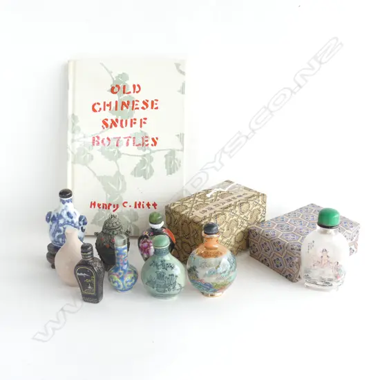 8 ASST. ORIENTAL SNUFFS + BOOK 'OLD CHINESE SNUFF BOTTLES' BY HENRY C. HITT