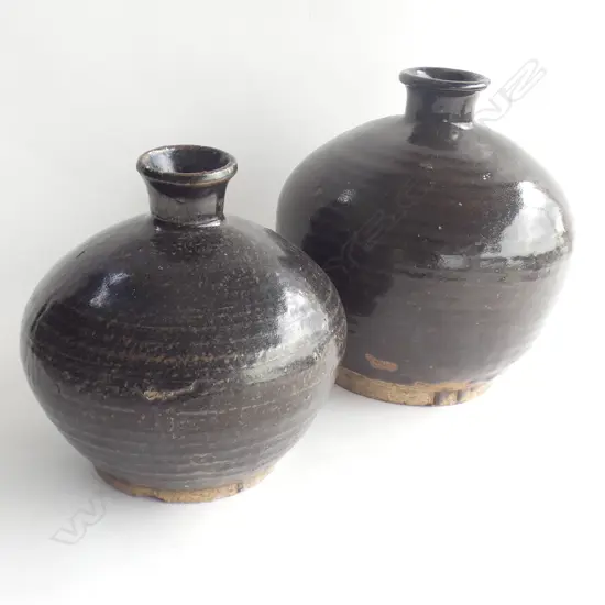 2 STUDIO POTTERY BLACK VASES H.230mm