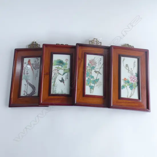 SET OF 4 CHINESE HANDPAINTED BIRD & FLORAL SCENES ON PORCELAIN w. ROSEWOOD FRAMES 165x70mm