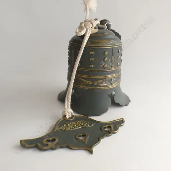 PAINTED BRONZE JAPANESE TEMPLE BELL w. SUSPENSION HOOK H.250mm