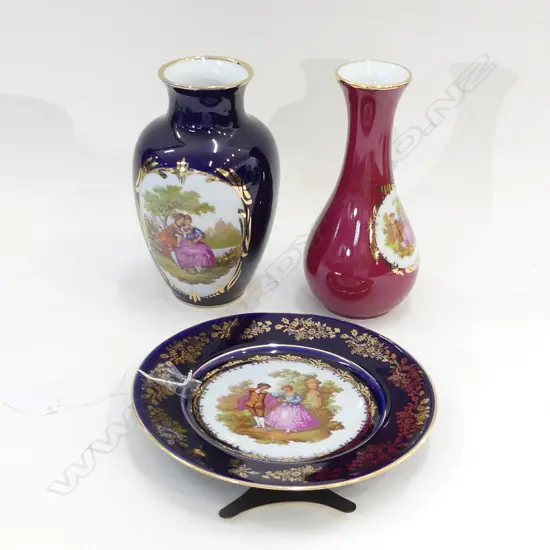 2 LIMOGES VASES; COBALT BLUE & RED (H 180MM) + COBALT BLUE PLATE (DIA 185MM)