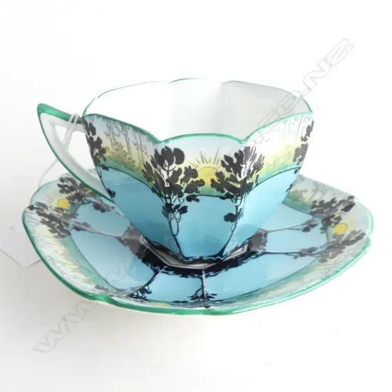 SHELLEY QUEEN ANNE CUP & SAUCER - TREES & SUNSET (BLUE & GREEN) #11514