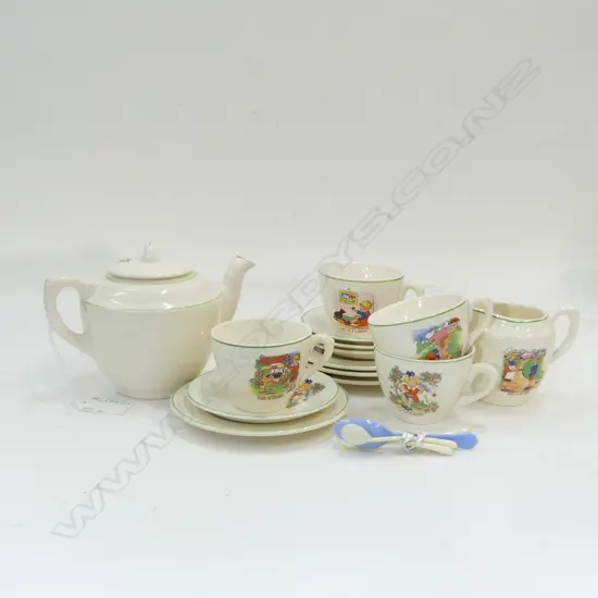 18 PC VINTAGE ENGLISH NURSERY WARE TEASET; TEAPOT, MILK JUG & 4 TRIOS (CHIP TO ONE SAUCER) + 4 SM PLASTIC SPOONS