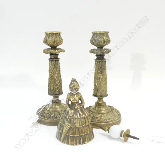 PR HEAVY ORNATE BRASS CANDLE HOLDERS H 190MM + CRINOLINE LADY BRASS BELL (H115MM) + DRAWER KNOB