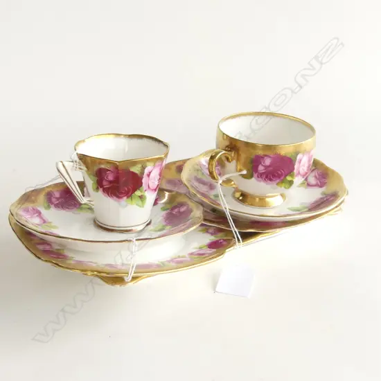 2 ROYAL ALBERT OER HEAVY GOLD GILD TRIOS; 1 ART DECO DEMI, 1 SMOOTH SHAPE + SANDWICH PLATE & SM PLATE