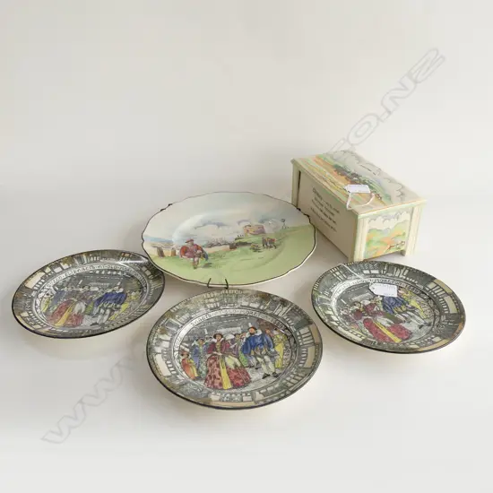 CROWN DEVON 'WIDDICOMBE FAIR' MUSIC BOX W.210mm + 4 ROYAL DOULTON PLATES; 3x MORETON HALL 190mm dia, PLYMOUTH HOE