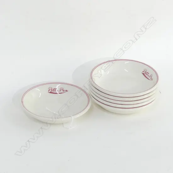 6 DURALINE DESSERT BOWLS STAMPED 'PETER PAN' FROM PETER PAN BALLROOM AUCKLAND 1952-1978
