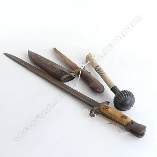 FIJIAN FIGI CLUB L. 285mm A SWORD L. 570mm & A WOODEN SHEATHED KNIFE WITH WOODEN HANDLE L 350mm