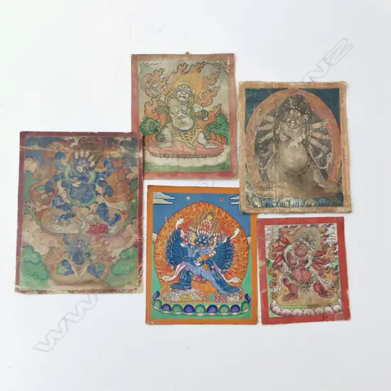 5 MINIATURE TIBETAN THANGKA PAINTINGS largest 120x90mm