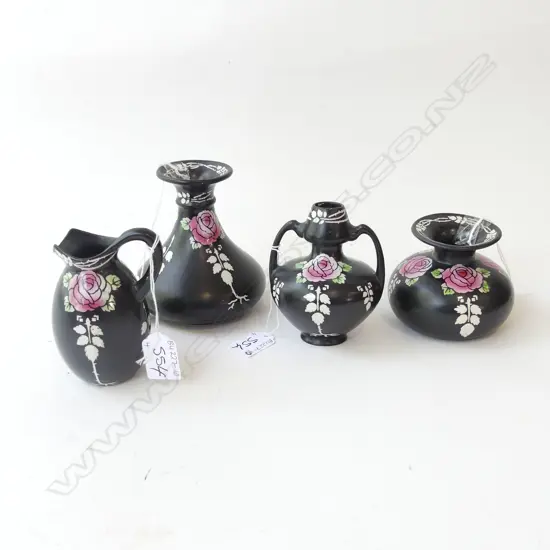 3 SHELLEY ART NOUVEAU BLACK VASES (` A/F) + 1 JUG - PINK & WHITE FLOWERS - LARGEST H 125MM