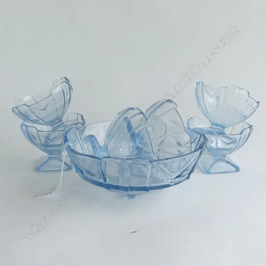 BLUE DEPRESSION GLASS; 6 ART DECO FOOTED DESSERT BOWLS & 1 SERVING BOWL 