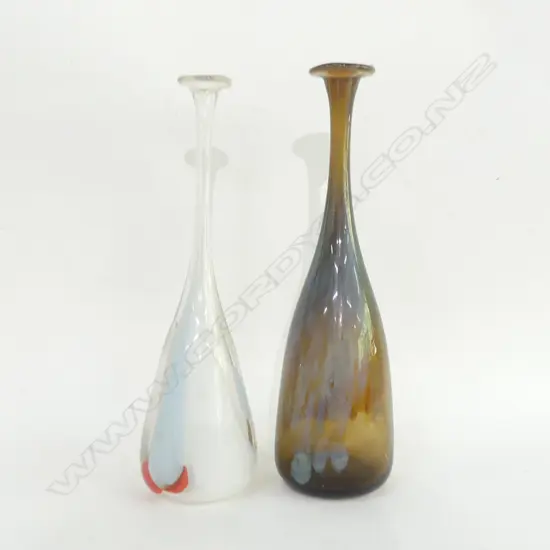 2 LONG NECKED ART GLASS VASES H 320MM