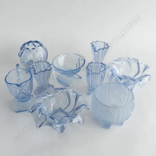 ART DECO BLUE GLASS; PR STEPPED VASES (H 100MM) + 3 OTHERS, JUG & SUGAR BOWL, 2 CANDY BOWLS OR FLOAT VASES (DIA 165MM)